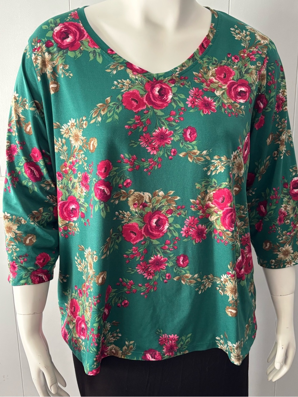 Floral Teal Women's Top with Pink Roses